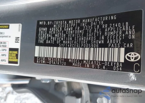 2020 Toyota Corolla Xse z USA, uszkodzony, nr VIN 5YFT4RCE6LP005906